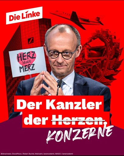 Das Sharepic der Partei Die Linke zeigt vor rotem Hintergrund mit Bundestagsmotiv die Politiker*innen Ines Schwerdtner und Jan van Aken sowie CDU-Chef Friedrich Merz in Schwarz-Weiß. Im Zentrum steht ein Zitat von Schwerdtner und van Aken:
„Es war von Anfang an ein Fehler von Merz, das Vertrauen der demokratischen Parteien zu verspielen und mit den Faschisten zu paktieren. Er hat die Brandmauer eingerissen und bekommt nun die Rechnung.“ Das Logo der Partei Die Linke ist rechts unten platziert.