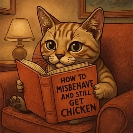 Car reading a book titled how to misbehave and still get chicken