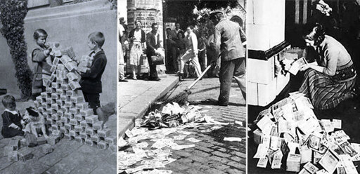 Collage von alten schwarz-weiß Fotos von Kinder spielen mit Geldbündeln auf der Straße, Scheine werden auf der Straße weggekehrt, und das Papier ist nützlicher als Brennmaterial.